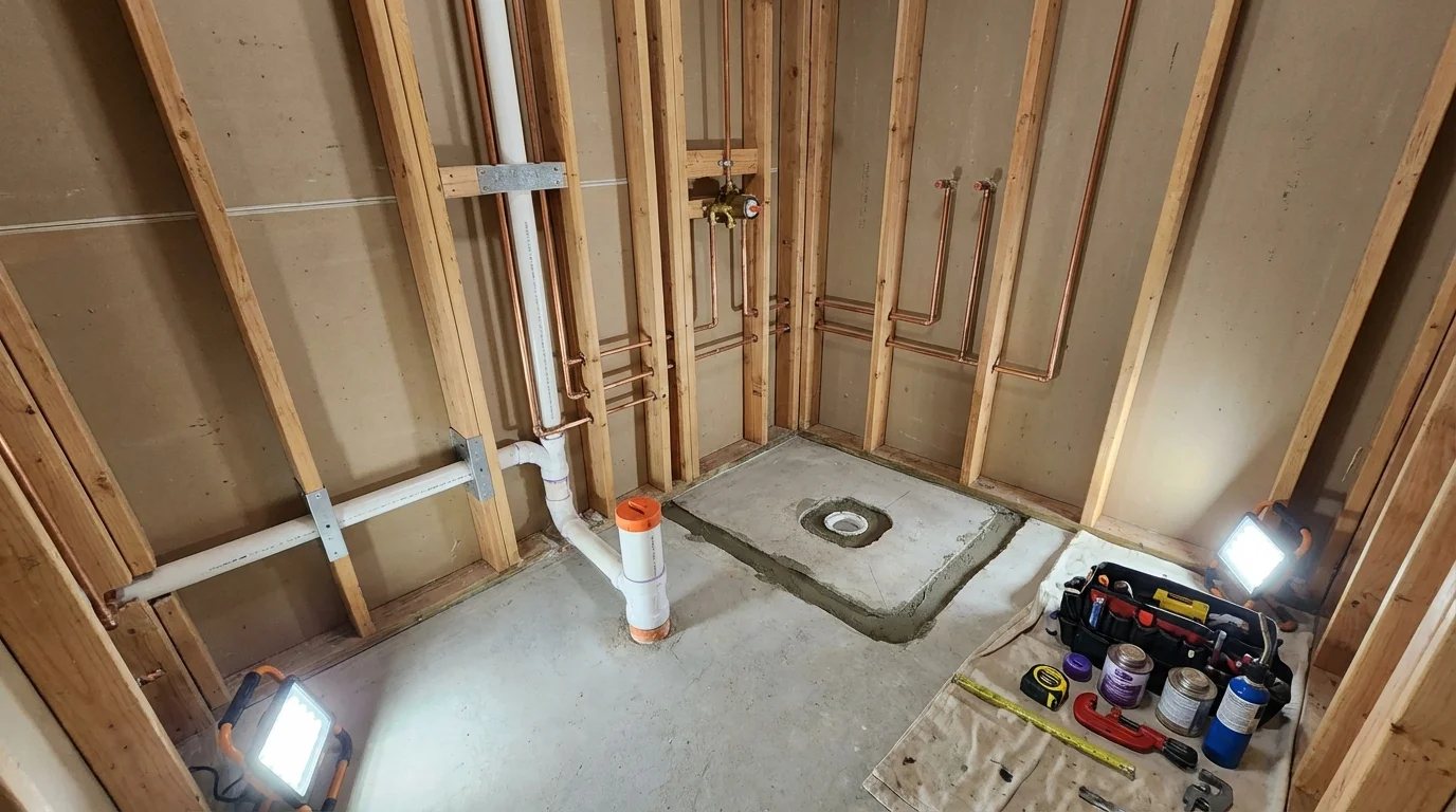Bathroom rough-in plumbing during remodel by Johns Plumbing LLC in Pomona