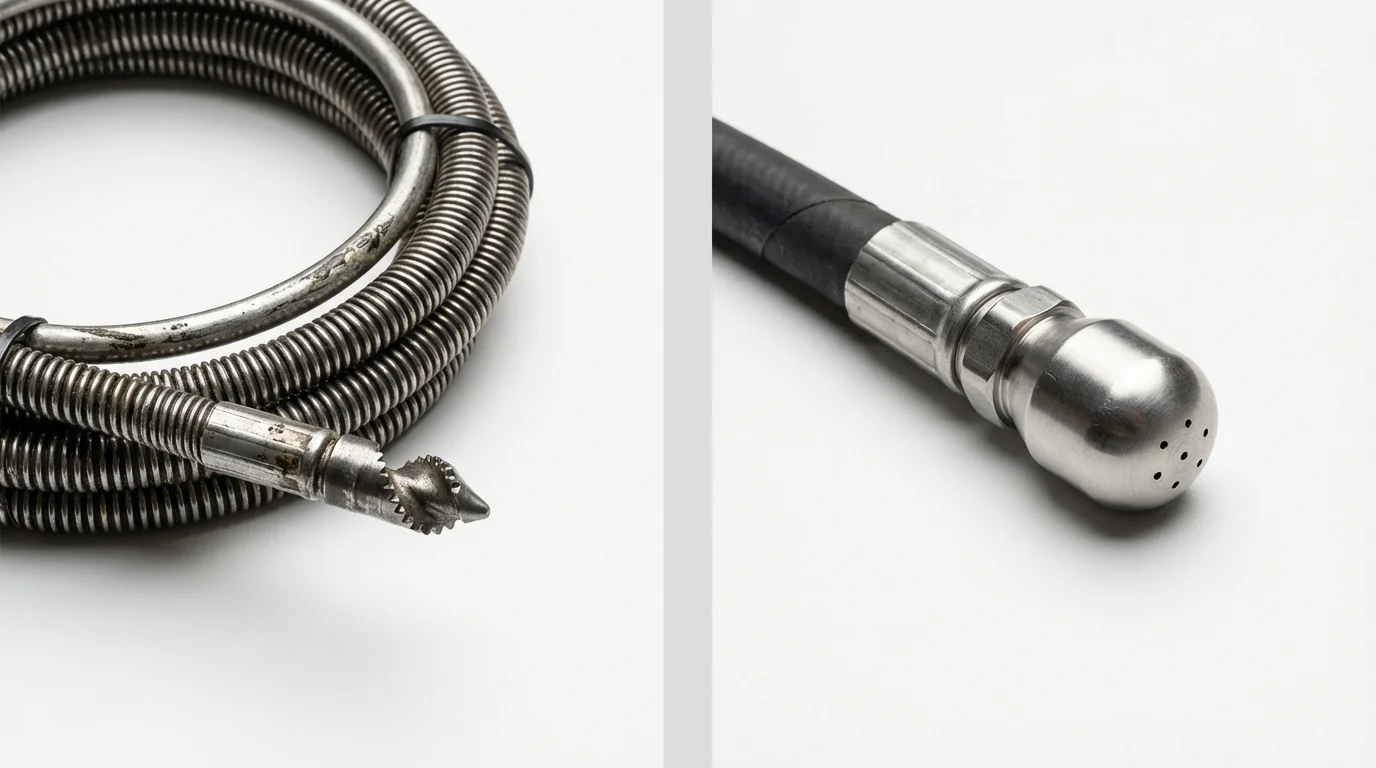 Drain snake cable and hydro jetting nozzle used for drain cleaning in Pomona, NJ