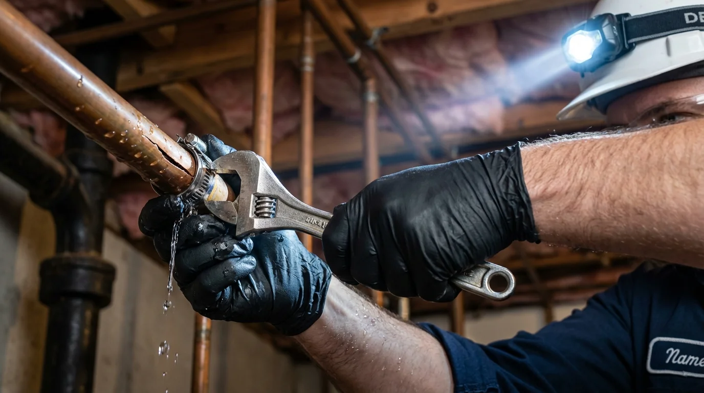 Emergency pipe clamp repair being performed by a Johns Plumbing LLC plumber in Pomona