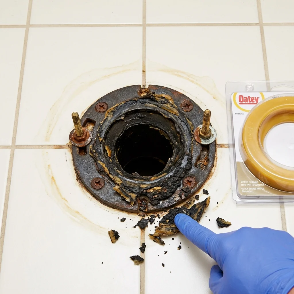 Failed wax ring showing water seepage at the base of a toilet in a Pomona, NJ home