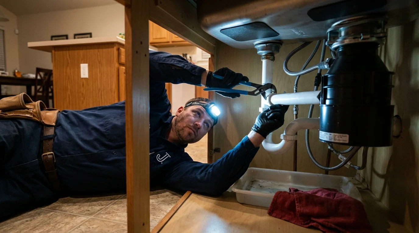P-trap and supply line connections under a kitchen sink showing a common leak point in Pomona, NJ